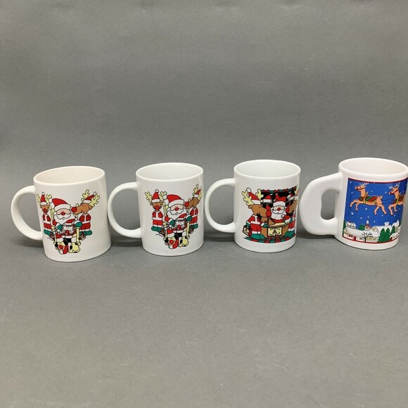 Sanyei Coffee Cups Christmas Santa Claus Reindeer Multicolor 3 3/4" Lot of 4 - Picture 1 of 10